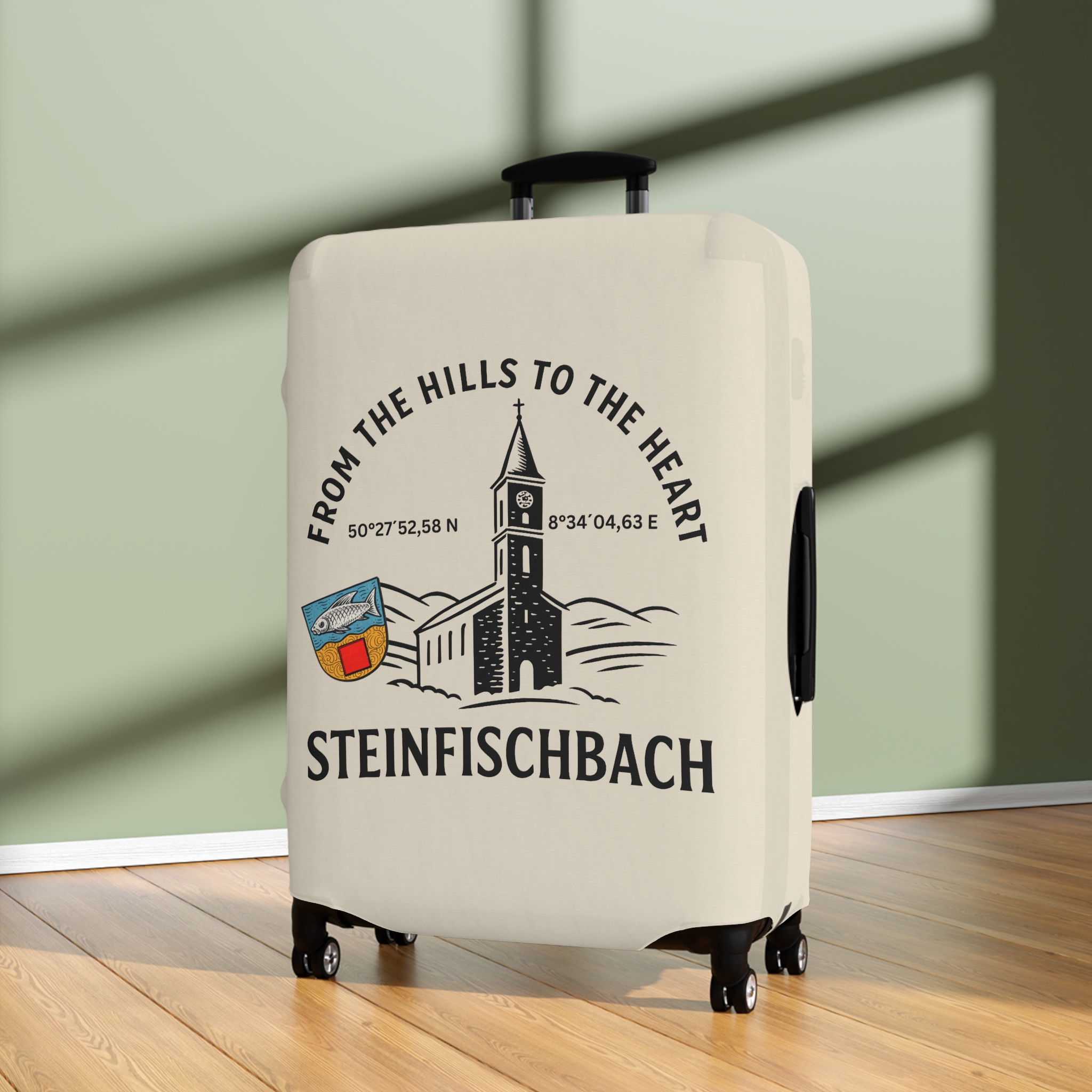 Steinfischbach Travel Luggage Cover — From the Hills to the Heart Coordinates & Crest – Bild 4