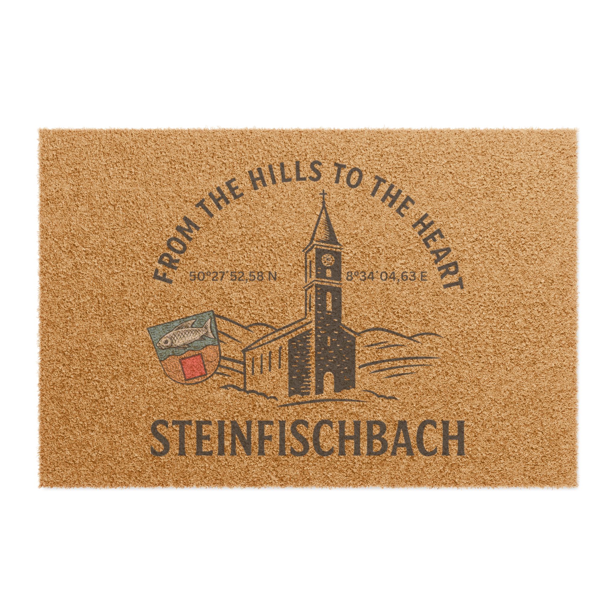 Steinfischbach Village Doormat – Rustic Welcome Coir Mat with Church Illustration