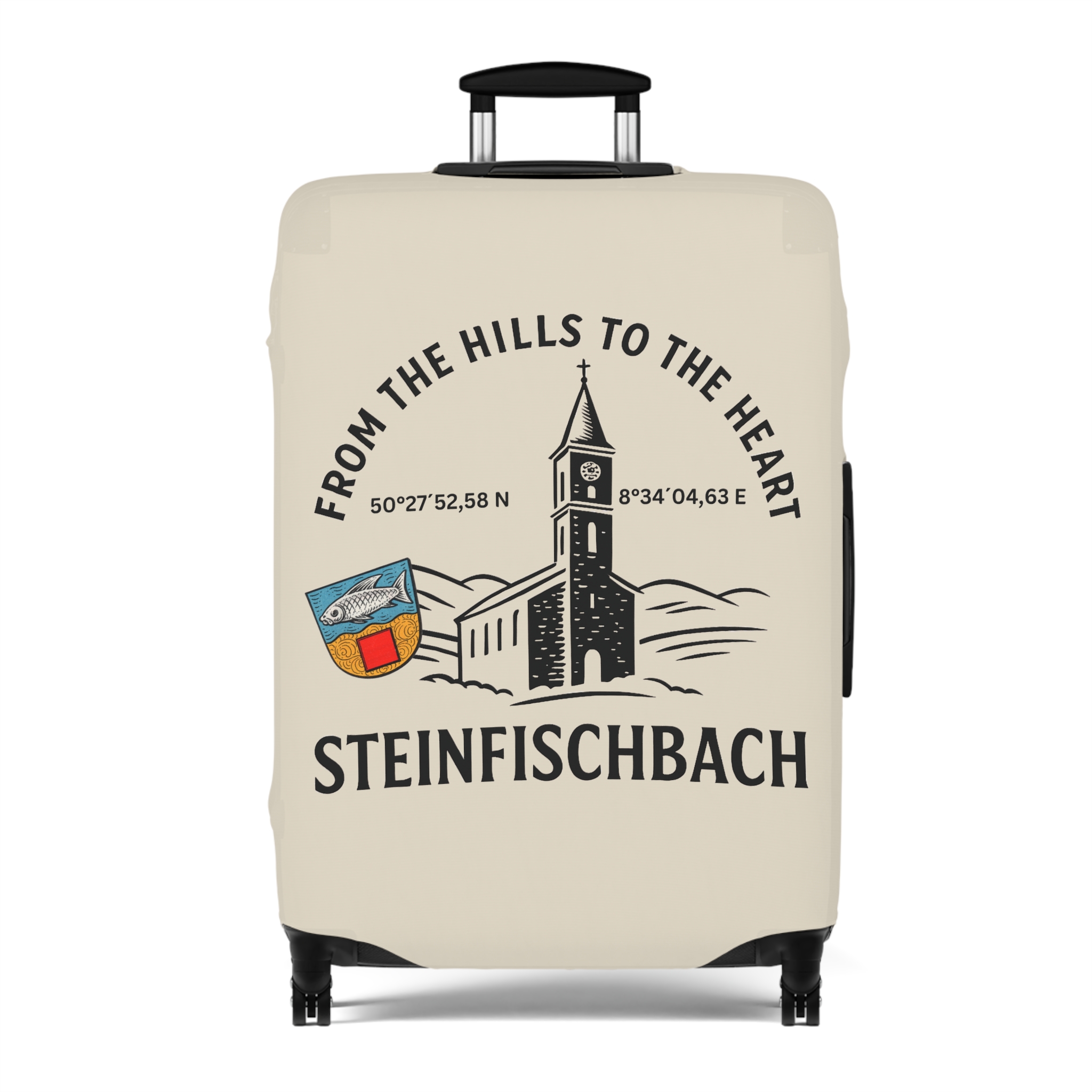 Steinfischbach Travel Luggage Cover — From the Hills to the Heart Coordinates & Crest
