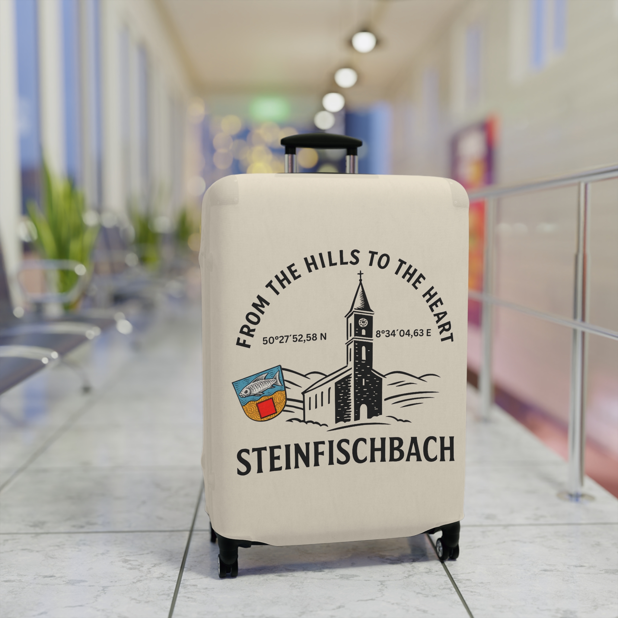 Steinfischbach Travel Luggage Cover — From the Hills to the Heart Coordinates & Crest – Bild 3