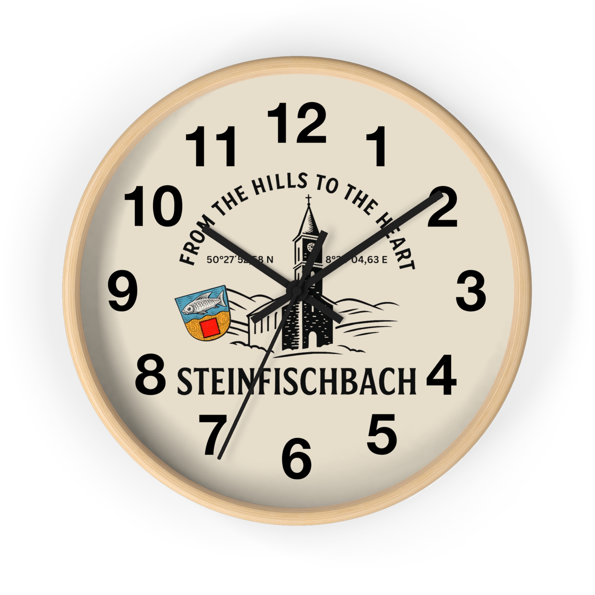Steinfischbach Scenic Wall Clock — "From the Hills to the Heart" Village Clock with Crest
